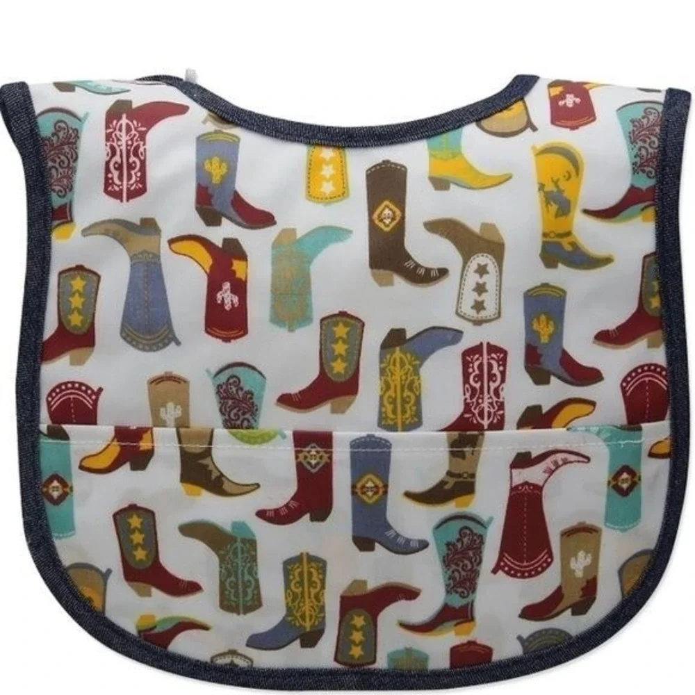 Mud Pie Baby toddler Laminated Pocket Bib cowboy boots novelty print western